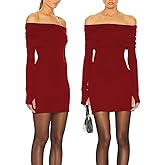 JLCNCUE Womens Off The Shoulder Long Sleeves Bodycon Mini Dress Elegant Ribbed Knit Club Party Short Fitted Dresses 347