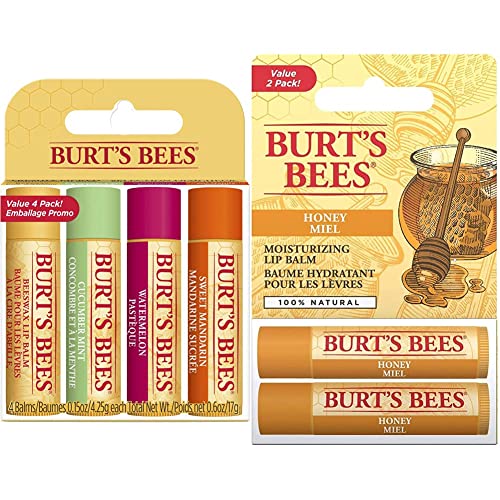 Burt's Bees Balsamo labbra idratante Freshly Picked naturale, cera d & rsquo;api, menta e cetriolo & Balsamo labbra idratante naturale, miele con cera d & rsquo;api, confezione da 2 tubetti 30 g