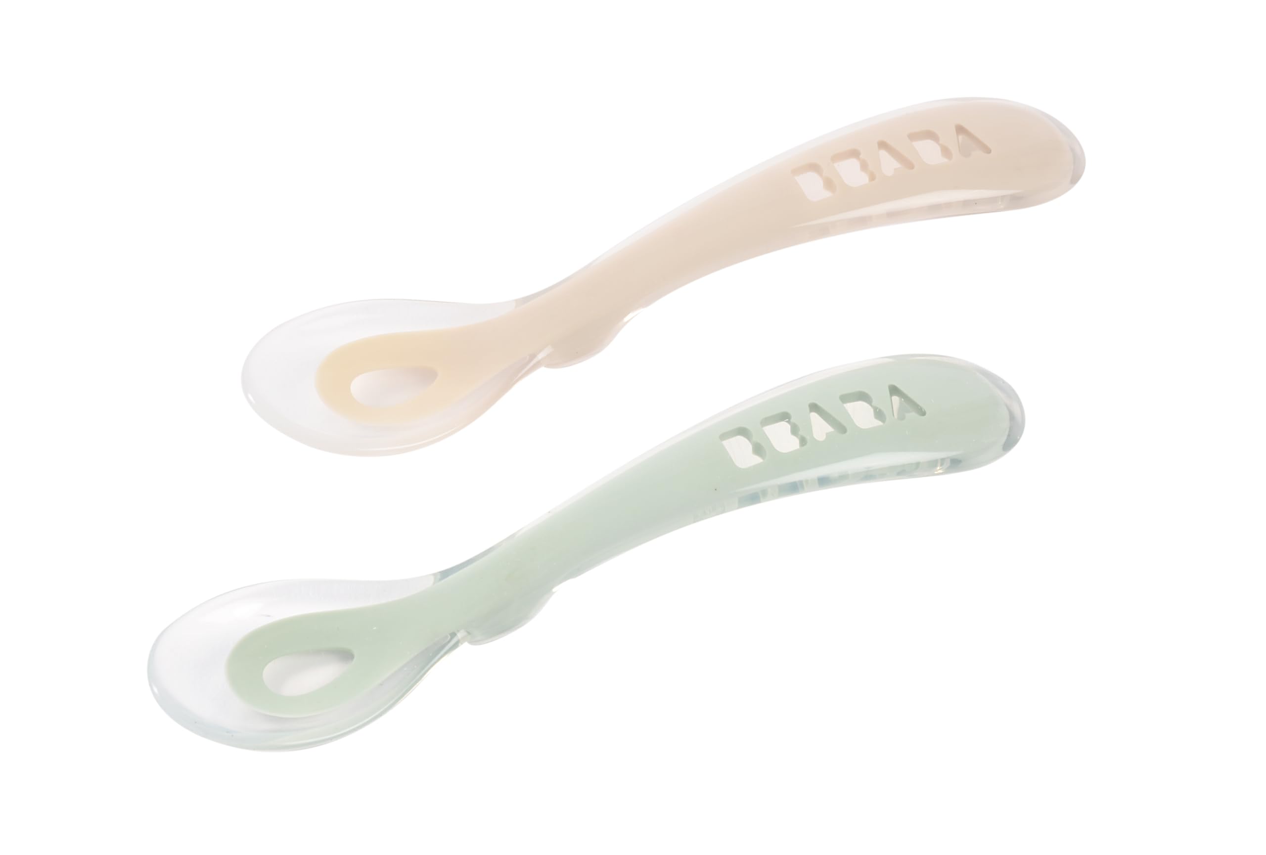 Béaba - Silicone Spoon for Baby and Children - Set of 2 - Stage 2 - Soft - with Carrying case - Ergonomic Handle - Velvet Grey/sage Green
