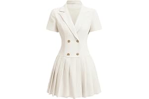 Nihsatin Women's Double Breasted Blazer Jacket Lapel Collar Short Sleeve Pleated Hem Blazer Dress