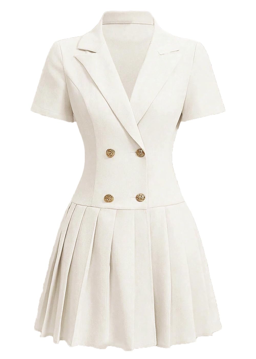 Photo 1 of (MISSING BUTTON) Nihsatin Women's Double Breasted Blazer Jacket Lapel Collar Short Sleeve Pleated Hem Blazer Dress Ivory