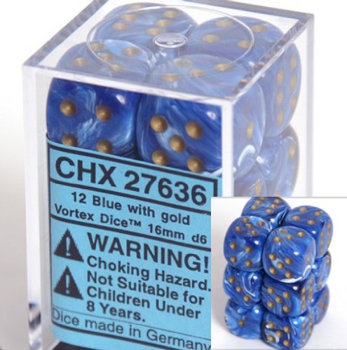 Chessex Dice d6 Sets: Vortex Blue with Gold - 16mm Six Sided Die (12) Block of Dice