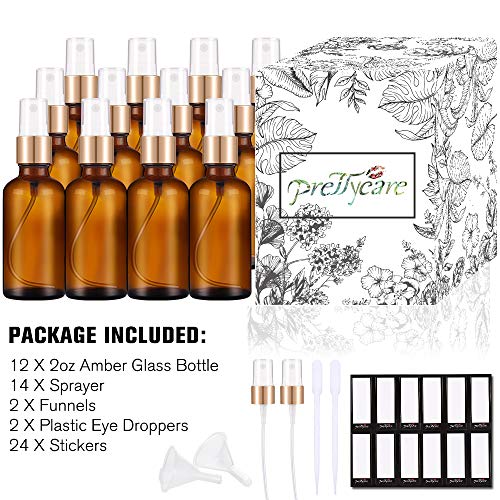 PrettyCare Glass Spray Bottles for Essential Oil 2 oz 12 Pack (Unique Amber Bottle with Golden Caps & 2 Extra Sprayer, 24 Labels and Funnels) Small Refillable Fine Mist Dispenser for Cleaning Product