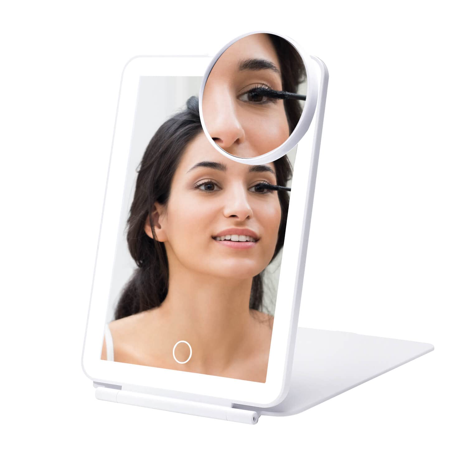LED Foldable Travel Makeup Mirror - 5x7 inches 3 Colors Light Modes USB Rechargeable Touch Screen, Portable Tabletop Cosmetic Mirror for Travel, Cosmetic, Office (White)