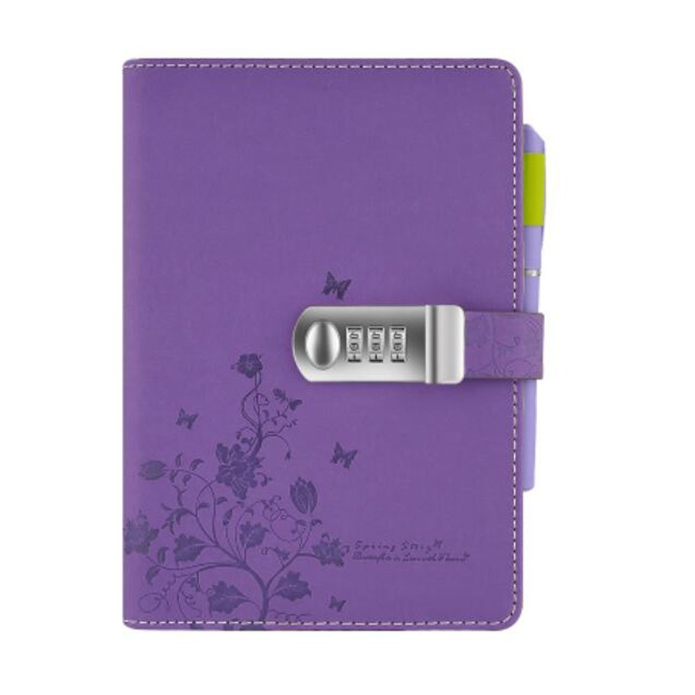 Mruiks Leather Diary,Writting Lined Journal Travel Notebook with Passwork for Anniversary Birthday Gift,Butterfly and Flower Pattern,A5(210x145mm) NPN99-5,Purple