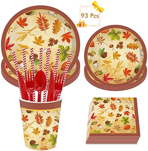 XinqinDing 93 pcs Maple Leaf Party Pack Supplies Set includes Thanksgiving disposable tableware plates,napkins, paper cups,straw,knives and spoons,for 8 guests