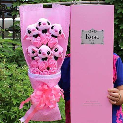 Artificial Lovely Cartoon Plush Toys Stitch Festivals Gift Bouquet Fake Flowers Valentine's Day Wedding Party Decora (Pink)