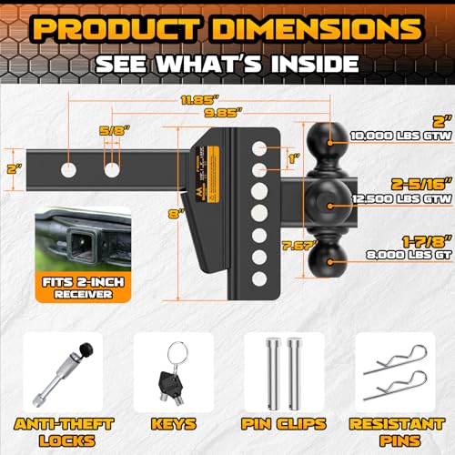 Mmtowus Adjustable Trailer Hitch - Drop Hitch Fit 2" Receiver -6" Drop/Rise | Tri Ball Mount with Hook (1-7/8'', 2'' & 2-5/16''), 12,500 LBS GTW Tow Hitch, 3 Ball Hitches for Trucks, RVs, Camper, SUV etc