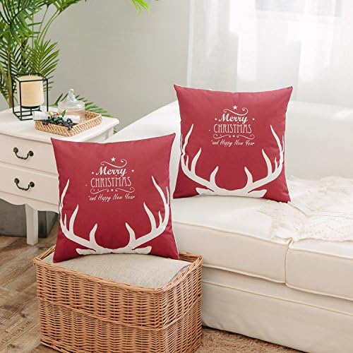 Merry Christmas Series Throw Pillow Sham Cushion Cover 18x18 Reindeer Deer Antler Throw Pillowcase Decorative Pillowcase for Sofa Couch Bed Square - (Set of 2) Zippered, Red