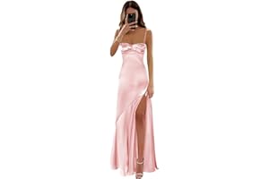 DHRFYJ Satin Corset Prom Dresses Long Spaghetti Straps A-Line Pleated Bridesmaid Dress Formal Evening Gowns with Slit