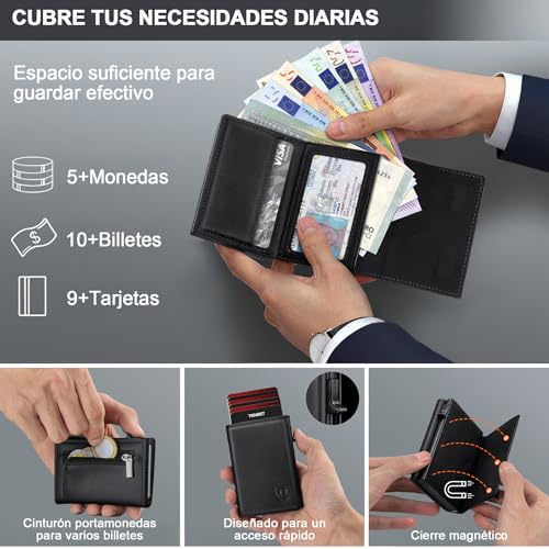 Cartera Hombre de Cuero, Tarjetero con Bloqueo RFID, Cartera Tarjetero Hombre pequeño para Crédito, Billetes y Monedas con Caja de Regalo