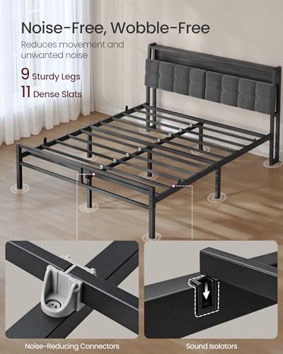 VASAGLE Queen Bed Frame with LED Lights and Charging Station, Metal Platform Bed Frame with Storage Upholstered Headboard, Noise-Free, No Box Spring Needed, Industrial, Ink Black URMB461G201