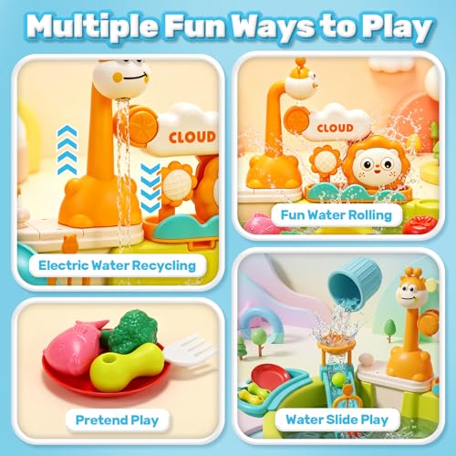CUTE STONE Water Table, Play Sink with Running Water, Kitchen Pretend Play Set with Play Food & Tableware, Summer Outdoor Sensory Water Toy, Gift for Toddlers, Boys & Girls