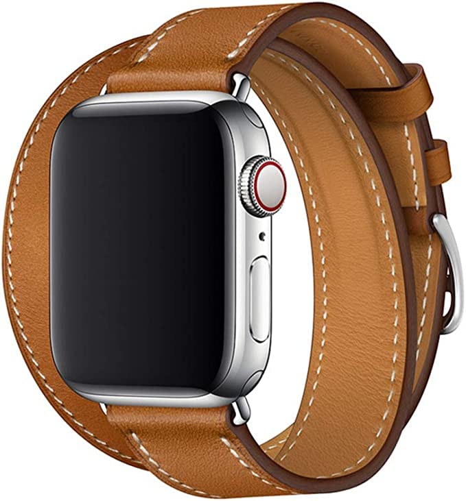 Fsavlroy Leather Strap,Compatible with Apple Watch Band 40mm 41mm 42mm,Genuine Leather Wristband for iwatch Series 11 10 9 8 7 6 5 4 SE(Double Tour-Brown)