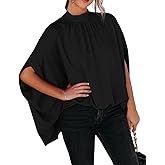 FSHAOES Women's Summer Oversize Blouses Mock Neck Pleated Batwing Sleeve Drape Tunic Dressy Cape Shirt Tops