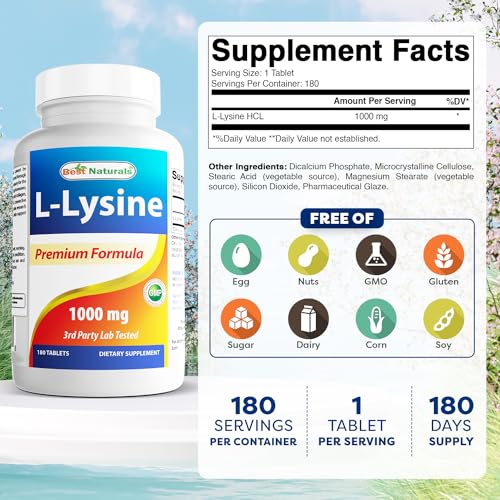 Best Naturals L-Lysine 1000mg 180 Tablets - Double Strength Lysine for stronger immune health & cold sores