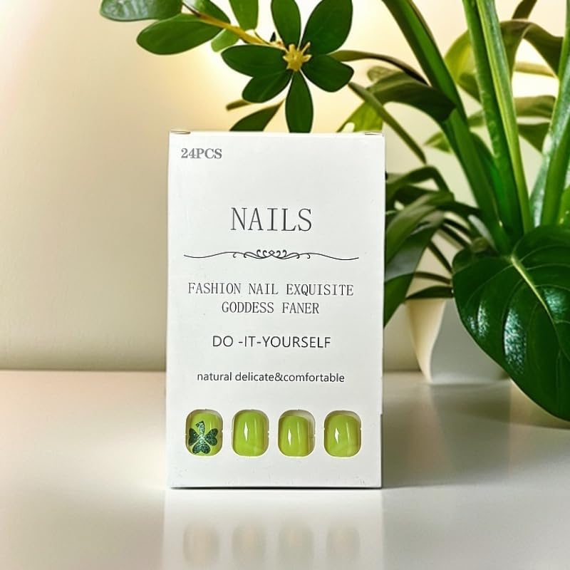 24Pcs St. Patrick's Day Press on Nails Short Square Fake Nails with 5D Green Glitter Four Leaf Clover Designs Spring Lucky Clover Glue on Nails Green Acrylic False Nails Holiday Gift for Women Girls - Image 6