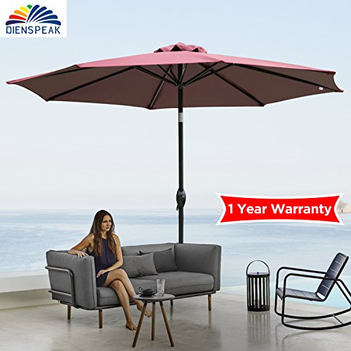 Dienspeak Deluxe 9' Market Outdoor Aluminum Table Patio Beach Umbrella Sunshade 1000 Hours Fade-Resistant with Push Button Tilt and Crank, 250g/sqm Spun Polyester,8 Steel Ribs (burgenty/red)