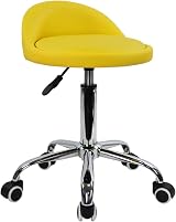 KKTONER PU Leather Round Rolling Stool with Back Rest Yellow, Height Adjustable