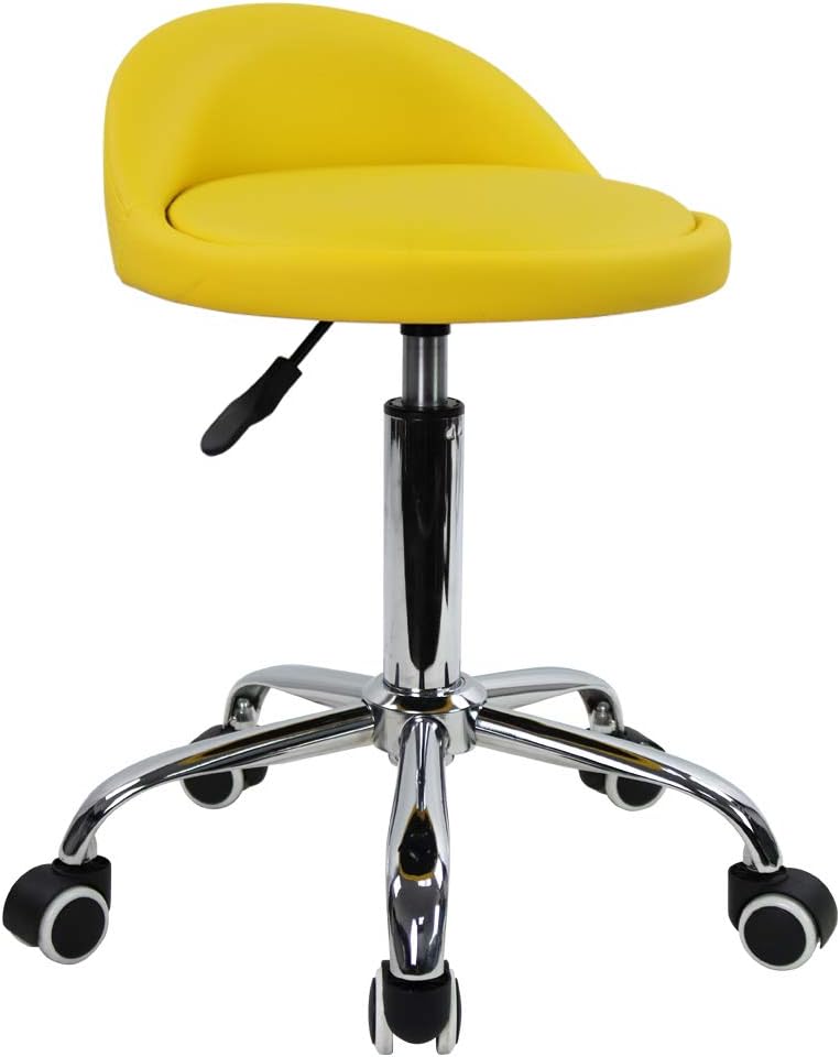 KKTONER PU Leather Round Rolling Stool with Back Rest Yellow, Height Adjustable