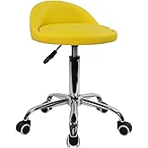 KKTONER PU Leather Round Rolling Stool with Back Rest Height Adjustable Swivel Drafting Work SPA Task Chair with Wheels (Yellow)