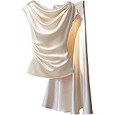 OYOANGLE Women's Two Piece Skirt Set Cowl Neck Ruched Blouse and Elastic Waist Ruffle Long Skirts