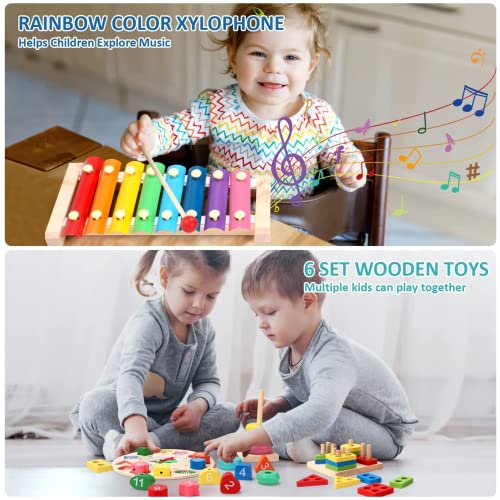 AM ANNA Montessori Toys for 1 2 Year Old Boys Girls, 6 In 1 Kids Wooden Toys Toddler Toys Includes Stacking Sorting Xylophone Bead Maze Baby Boy 3-6 Year,Preschool Educational Toy Gifts