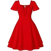 Wellwits Women's Square Neck Bow Ruched Layer Vintage Party Dress