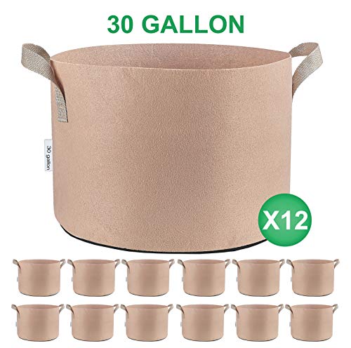 TopoGrow 12 Pack 30 Gallon Grow Bags Tan Fabric Round Aeration Pots Container for Nursery Garden and Planting Grow (30 Gallon, Tan)
