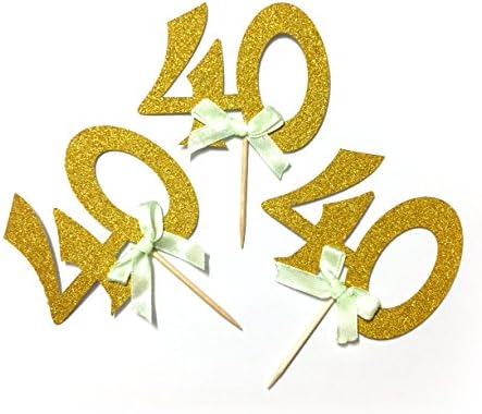 40th Birthday Party Cupcake Topper, 12 Pack Number "40" Cupcake Toppers, 40th Birthday Decoration, Glitter Gold 40th Birthday Party Cupcake Toppers with Mint Green Bow, Celebrating 40 Party