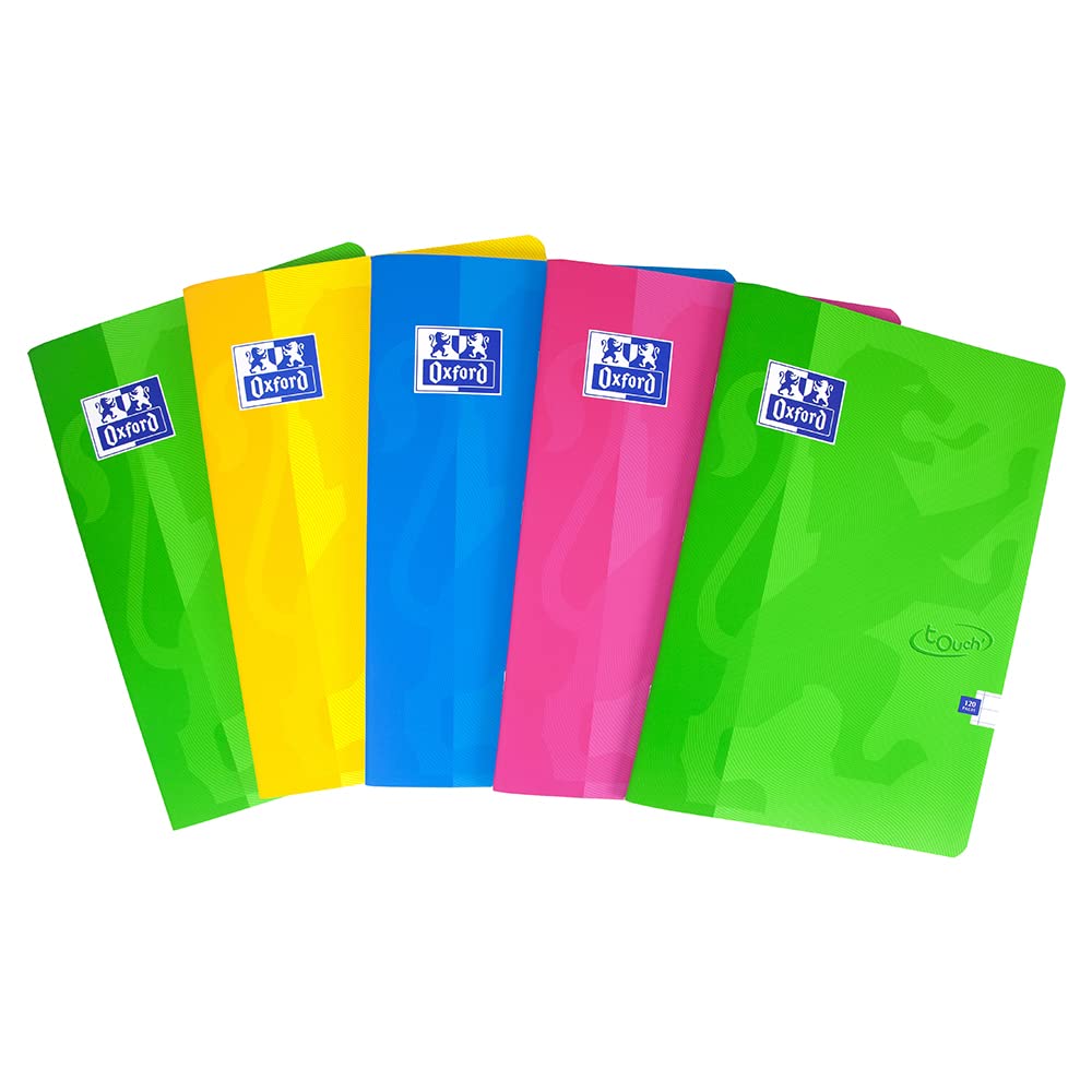 Oxford Touch A4 Premium Exercise Books, 8mm Lined, 120 Pages, Random Assorted Colours, Pack of 5