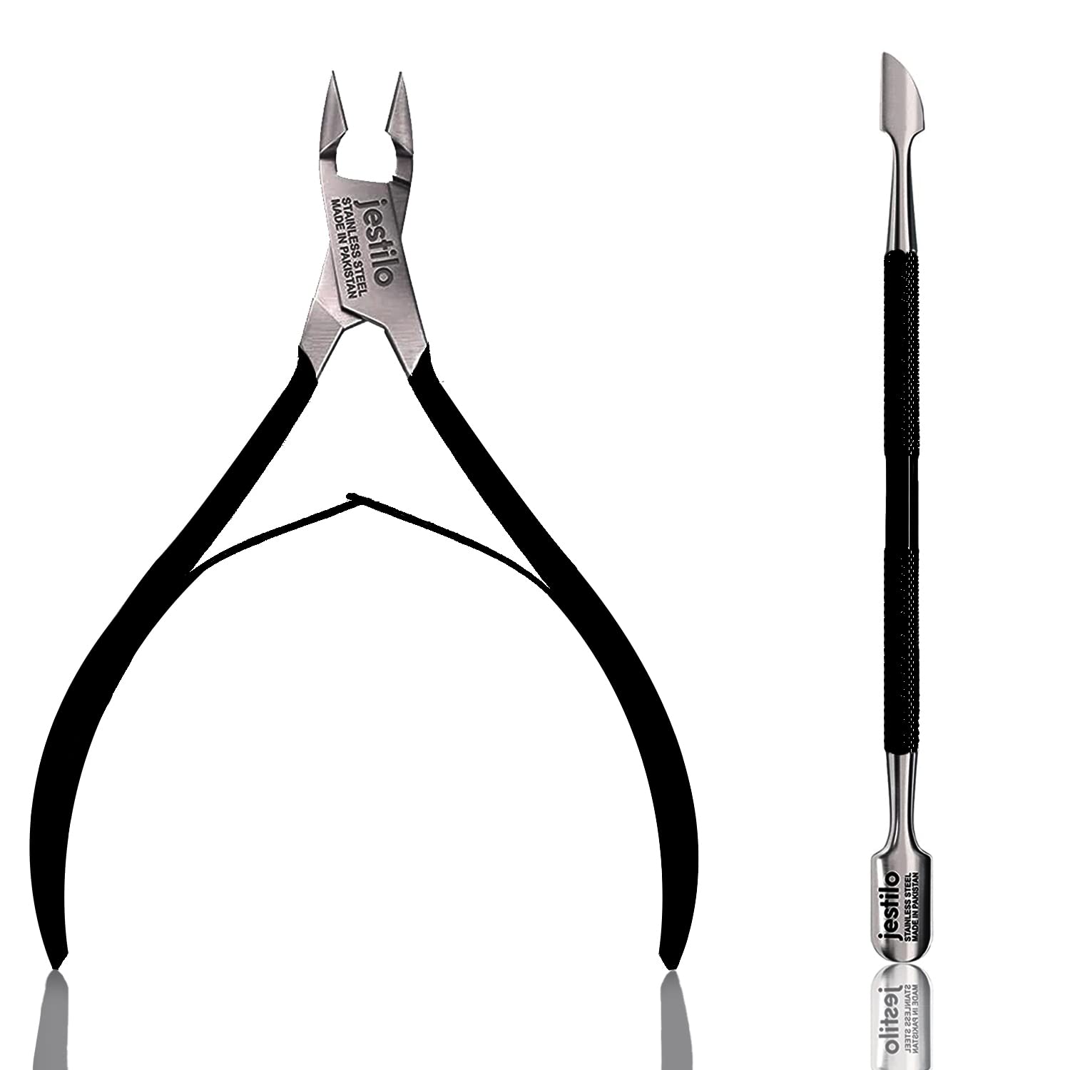Jestilo Cuticle Remover Tool Set with Cuticle Cutter and Cuticle Pusher - Stainless Steel Professional Cuticle Nipper and Pusher Nail Care Tools for Salon and Level Mani-Pedi at Home (Black)