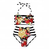 2 Styles Little Girl+Mother Floral Top Stripe Bottom Big Bowknot Bikini Set (1-2 Y, Daughter+Black)