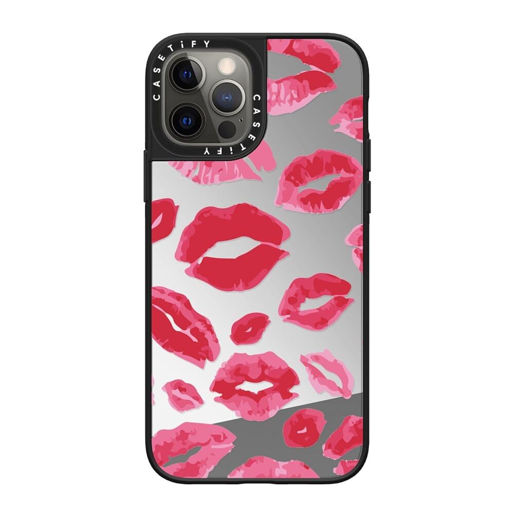 CASETiFY Mirror iPhone 12 Pro Case [Reflective / 4.9ft Drop Protection/Compatible with Magsafe] - Lipstick Kisses - Silver On Black