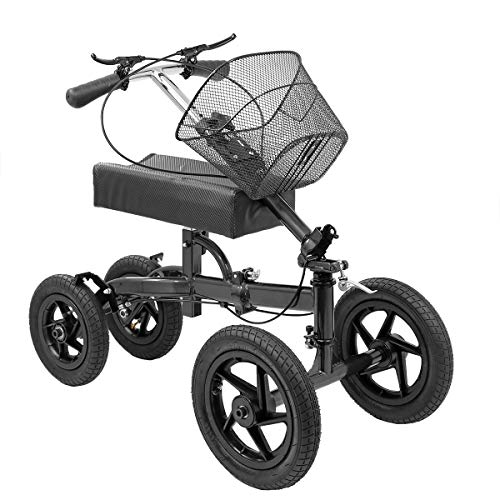 Clevr Quad All Terrain Foldable Medical Steerable Knee Walker Scooter, Black, Walking Aid Roller for Foot Injuries, Height Adjustable Crutch Alternative, Deluxe Brake System & Basket - Thumbnail 7