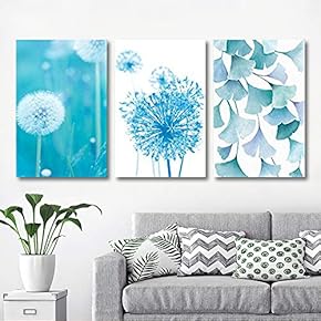 3 Panel Canvas Wall Art - Blue Dandelion and Ginkgo Leaves - Giclee Print Gallery Wrap Modern Home Art Ready to Hang - 16"x24" x 3 Panels