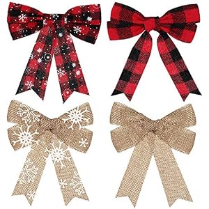WILLBOND 20 Pieces Christmas Red Buffalo Plaid Bow Christmas Bows Snowflake Burlap Bows Rustic Holiday Decorative Bows…