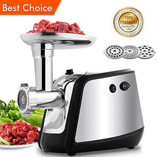 Electric Meat Grinder, Meat Mincer with 3 Grinding Plates and Sausage Stuffing Tubes for Home Use &Commercial, Stainless Steel/Silver/1000W (Silver-1000W)