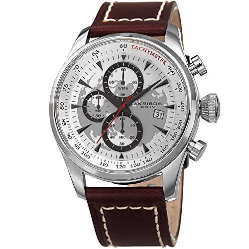 Akribos XXIV Men's Quartz Silver-Tone Case with White Sunray Dial with Silver-Tone Hands on Brown Genuine Leather Strap AK915SS