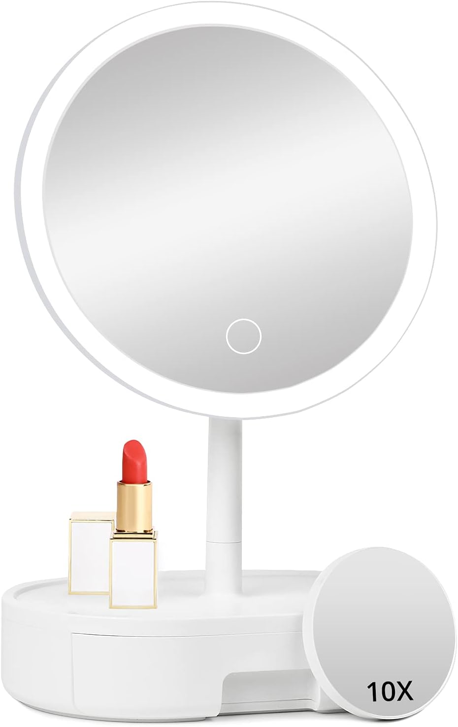 Personal Lighted Makeup Mirror with Lights - Fabuday Rechargeable Led Round Mirror with 3 Color Lighting Modes, Light Up Mirror with 10X Magnification, Lighting Adjustable Desk Mirror with Storage -