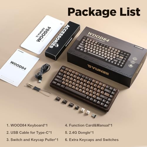 YUNZII WOOD84 Wireless Gaming Mechanical Keyboard 75% in Wood, Bluetooth/2.4G/USB-C, RGB Backlight, Tray, Hot-Swap with PBT Keys for Mac/PC, QWERTY (Candy)