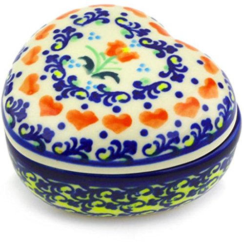 Ceramika Bona H2916G Polish Pottery Ceramic Heart Shaped Jar Hand Painted, 4-Inch