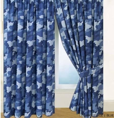 Blue Army Camouflage Pair Of Curtains 66 X 72 With Tie Backs