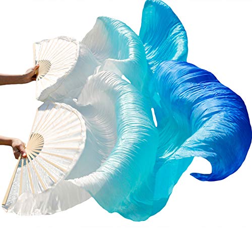 Leemiman Women 1.8 m Long Belly Dance 100% Silk Bamboo Fan Veils 1 Pair(L+R) (White turquoise blue)