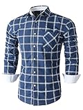 Emiqude Mens Casual Slim Fit Long Sleeve Pocket Constrast Plaid Dress Shirt