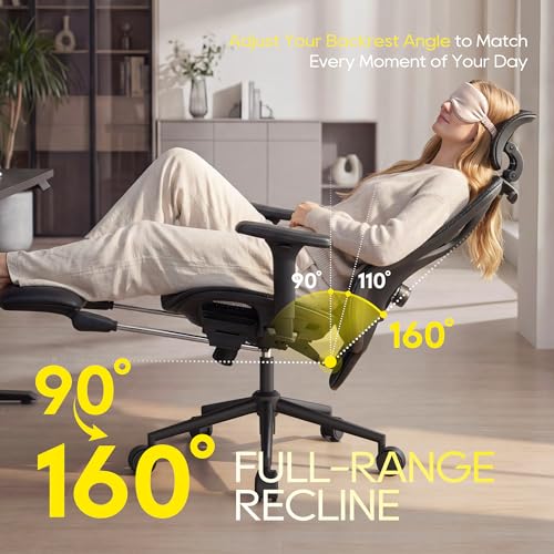 CYKOV Ergonomic Office Chair with Footrest - Adjustable Lumbar Support & Headrest, 90-160° Reclining Mesh Back Computer Chair - Home Office/Gaming, 150kg Capacity (Black, MESH)