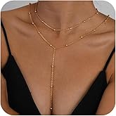KMPTACDN Gold Long Necklace for Women, Dainty Gold Lariat Necklace 14k Gold Plated/Silver Y-Shaped Necklaces Layered CZ Beaded Chain Drop Pendant Necklaces Trendy Simple Jewelry Gifts for Women