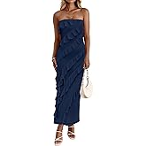 Muchpow Women's Strapless Ruffle Dress Midi Elegant Summer Bodycon Stretchy Mesh Ruched Party Cocktail Dresses