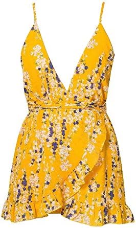 YiKeZhiXiu Women's Summer Yellow Floral Print Deep V Neck Backless Spaghetti Strap Mini Beach Dress With Lining