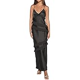 BAGONE Summer V Neck Satin Ruffle Maxi Dresses for Women 2025 Spaghetti Strap Tie Backless Formal Wedding Guest Long Dress